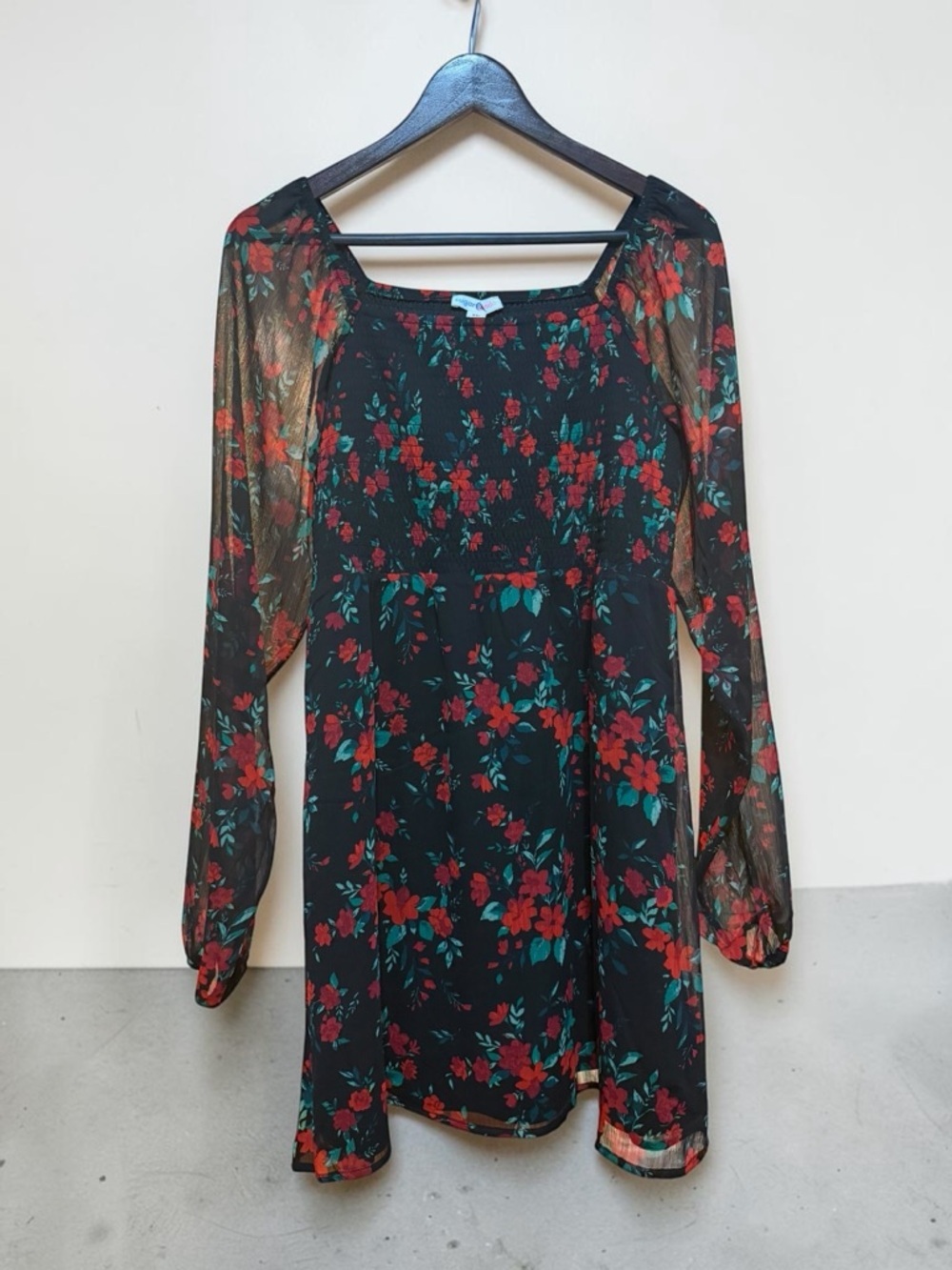 Sheer Black Floral Long-Sleeve Mini Dress with Red Flowers